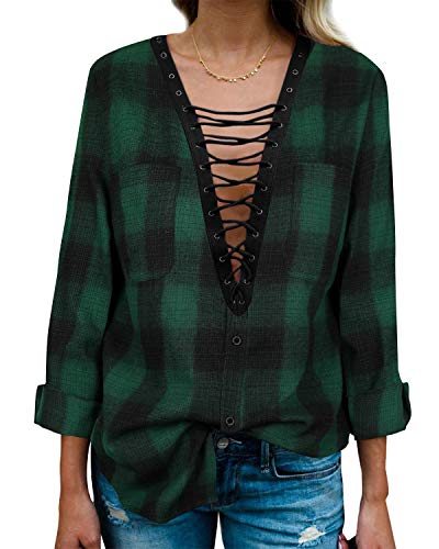 Yidarton Women Long Sleeve Plaid Shirt V Neck Casual Loose Pocket Button Down Shirts (X-Large, Green)