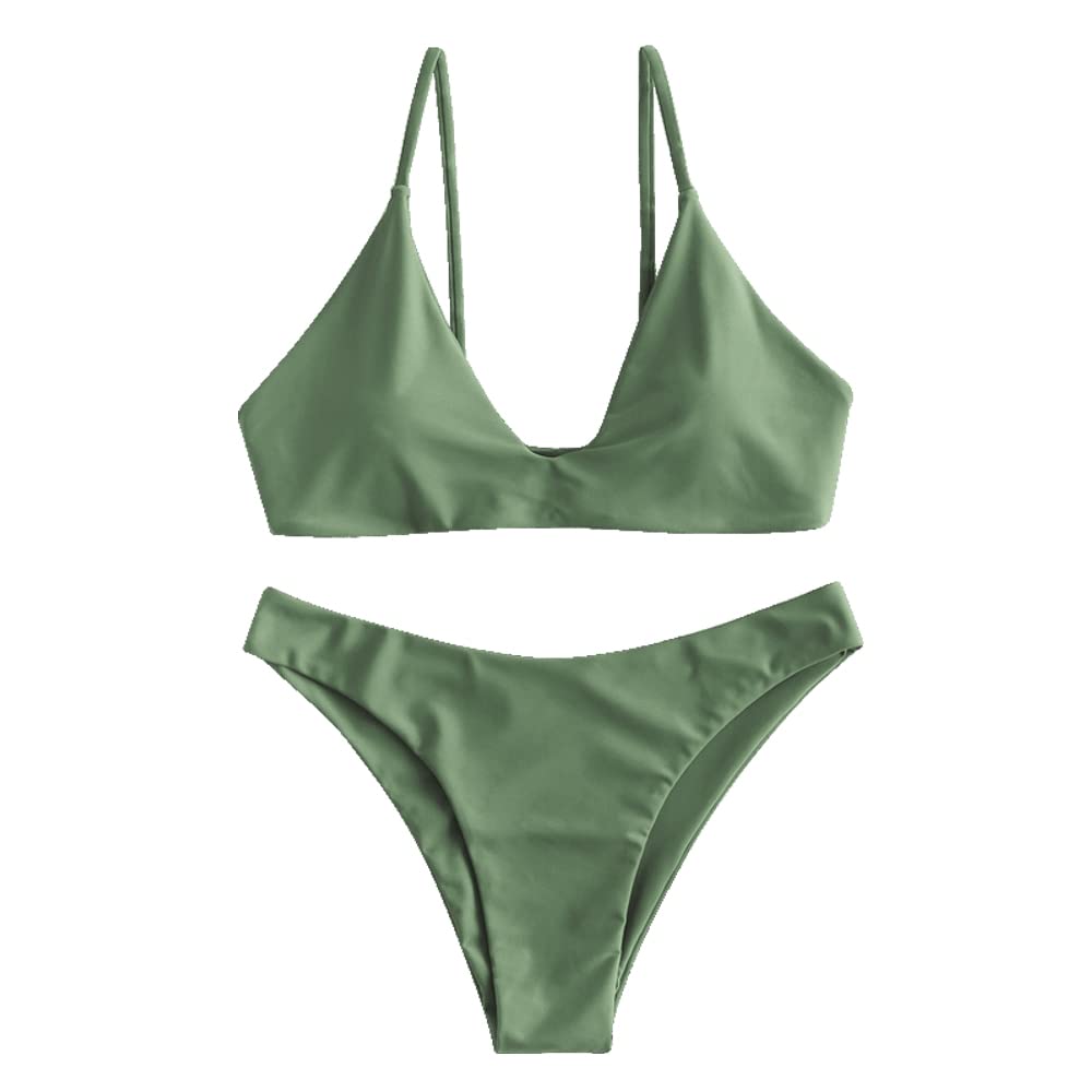 ZAFUL Women's Tie Back Padded High Cut Bralette Bikini Set Two Piece Swimsuit, C-light Green, Medium