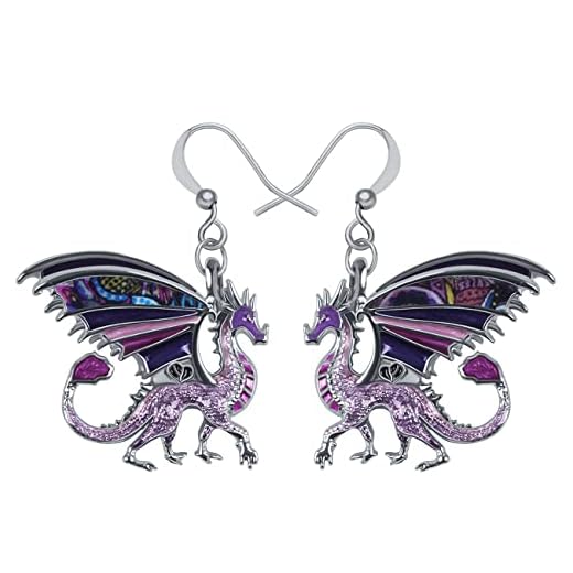 Enamel Alloy Dinosaur Fantasy Dragon Earrings Drop Dangle Unique Animal Jewelry For Women Kids (Orchid Purple)