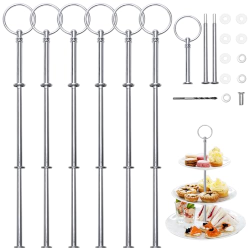 Kigniote Juego de 3 niveles de barras de soporte, 6 barras de metal plateadas con taladro, para tartas, cupcakes, macarons, donut y frutas (placa no incluida) (plata)