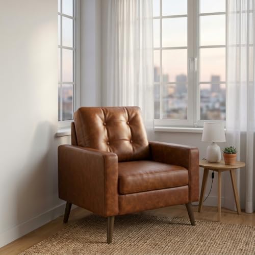 Image of HNY Mid Century Modern Armchair, Button Tufted Faux Leather Accent Chair with Armrests, Upholstered Club Chair for Living Room, Bedroom & Office, Caramel Brown
