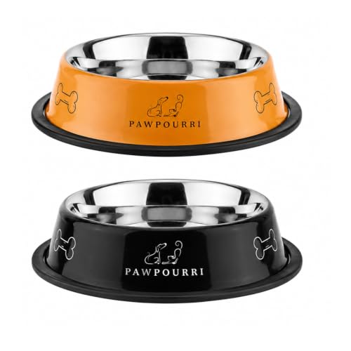 Image of Combo of Anti-Skid Feeding Bowls for Dogs, Cats & Puppy Pet Bowl Pack 2 Stainless Steel Pet Bowl (700 ml Each, Black & Orange)