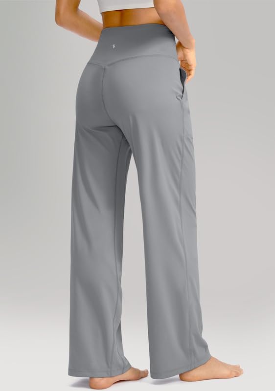 Soothfeel Wide Leg Pants for Women Yoga Work Pants with Pockets High Waist Lounge Sweatpants Dress Pants Petite/Tall 30"(Light Grey, XL) - Image 4
