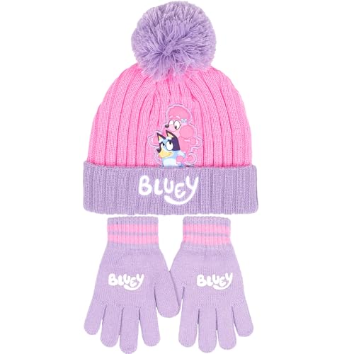 Image of Bluey Winter Hat & Gloves Set Knitted Warm Beanie for Girls age 2-7 Years Cold Weather Accessories Gift for Girls (Pink)