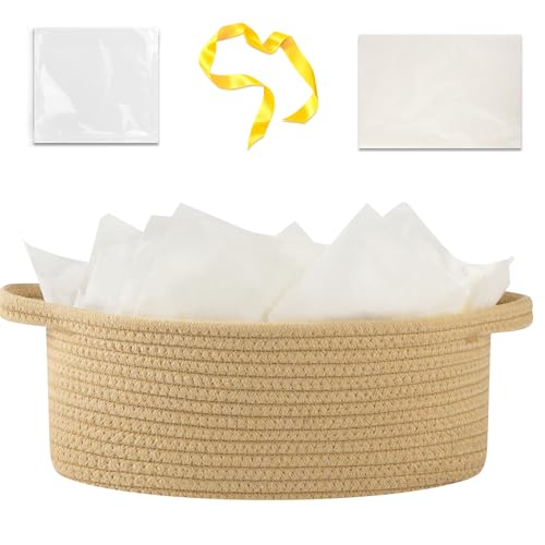 Image of OIAHOMY Gift Basket with Handle, Small Woven Basket with Gift Bag, Ribbon and Wrap Tissue Paper, Nursery Bins Empty to Fill with Small Items, Baby, Pet Toy Organizer - Yellow