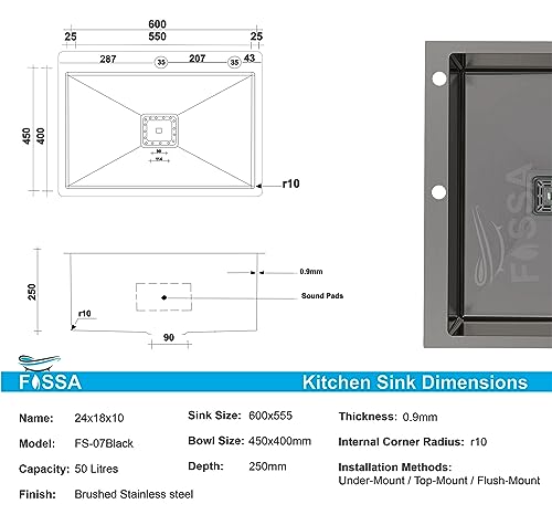 Image of Fossa 5-Year Warranty 24 inchx18 inchx10 inch inch Single Bowl With Tap Hole Premium Stainless Steel Handmade Kitchen Sink Black (Matte Finish)