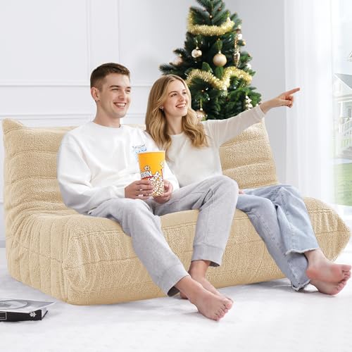 Image of Bean Bag Loveseat Chair Big Sofa Beanbag Chair for Adults Fireside Chair Bean Bag Lounger with Memory Foam Filled for Home,Apartment or Gaming Venue(Khaki Teddy)