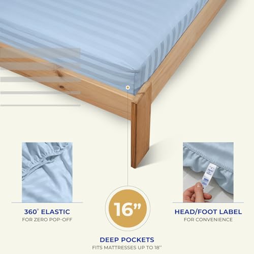 Image of THREAD SPREAD Egyptian Cotton Sheets Queen Size - 1000 Series High Thread Count Cotton Queen Sheet Set (4 PC, Light Blue - Stripe), 16 inch Snug Fit Deep Pocket, Cooling, Sateen, Soft Hotel Luxury Sheets