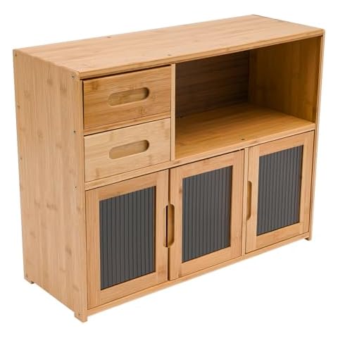 WoShewNu 2 Tiers Bamboo Countertop Kitchen Pantry Sideboard Freestanding Storage Cabinet with 2 Drawers and Acrylic Clear Door 24.4" x 9" x 18.9'' Storage Cabinet for Spice Seasoning Bottle Plate Cup Cover