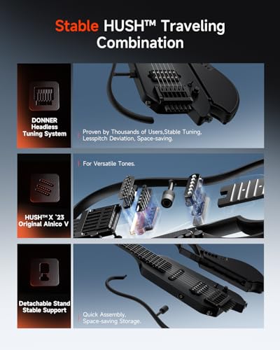 Image of DONNER HUSH X LIVE Electric Guitar with Detachable Speaker, Headless Travel Guitar Built-in Amp Modeling & Effects, Bluetooth Practice Guitar Kit with Gig Bag, Black