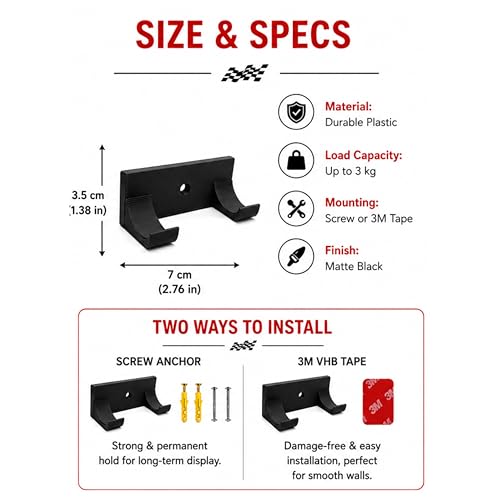 Image of 2 Pack F1 Car Wall Mount Compatible with Speed Champions Building Brick Cars | Racing Car Display with 3M VHB Easy Stick Tape & Screws | No-Drill Hanger for Collectible Toy Cars | Durable Bioplastic