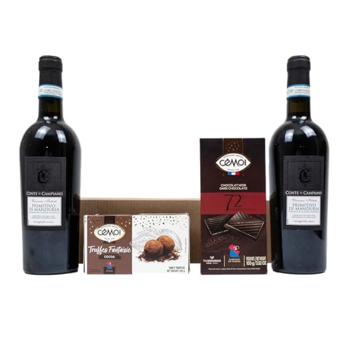 The Wine Guys Conte di Campiano DOPPIO BENE Präsentkorb mit Rotwein, Schokolade Trüffel und Zartbitterschokolade | 2 × 750 ml | 4 Stück (1er Pack) | Verpackung kann abweichen
