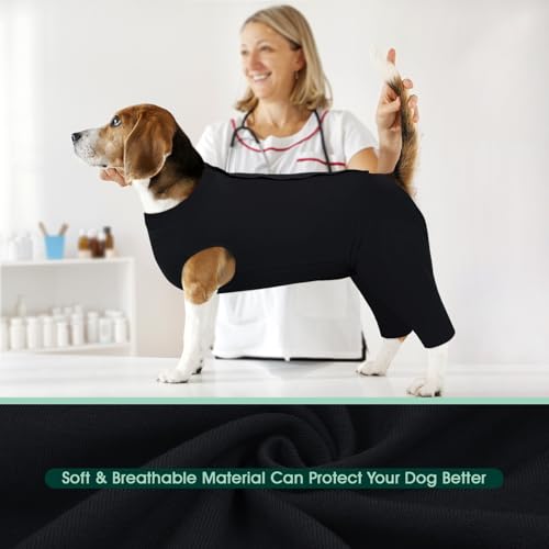 Image of Kuoser Dog Recovery Suit with Anti Licking Rear Leg Sleeve, Black XL | Abdominal Dog Surgical Suit with Pants Cover Protect Wounds, Dogs Elbow Protector Soft Pet Surgery Onesie Cone Alternative