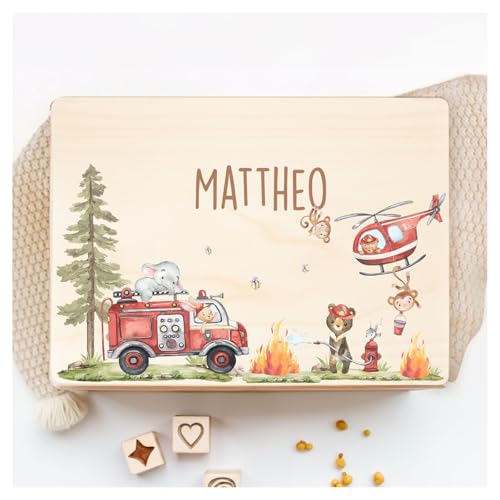 Little Deco Personalisierte Erinnerungskiste Baby Holzkiste mit Deckel | L - 40 x 30 x 22 cm | Feuerwehr Tiere Geschenk Geburt Taufe Babygeschenk Geburt Taufgeschenk Aufbewahrungskiste XHL1014