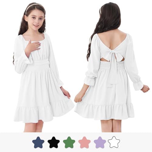 Zando Girls Dresses Off Shoulder Back Tie Dress 6-16Years - Long Sleeve Fall Dresses for Girls Junior for Parties Daily2