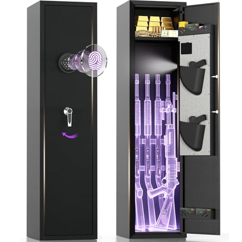 Image of 3-5 Biometric Gun Safe for Rifles and Pistols, No Assembly Required, Fingerprint Gun Cabinets for Rifles and Shotguns with Adjustable Shelves and Pistol Pockets, Quick Access Rifle Safe with Alarm