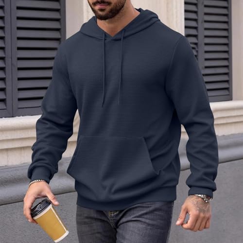 Wankang Men's Hooded Sweatshirts Casual Waffle Hoodies Pullover Knit Long Sleeve Hoodie Sweatshirt with Pocket for Men2