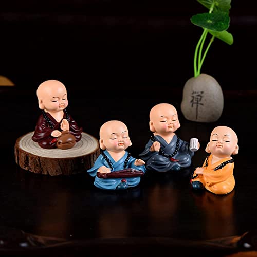 Image of AUGEN Polyresin Set of 4 Buddha Monks Statues Figurines Showpiece for Wall Shelf Table Desktop Living Room Car Dashboard Decoration Home Office Decor 6 CM (Multicolour)(B)