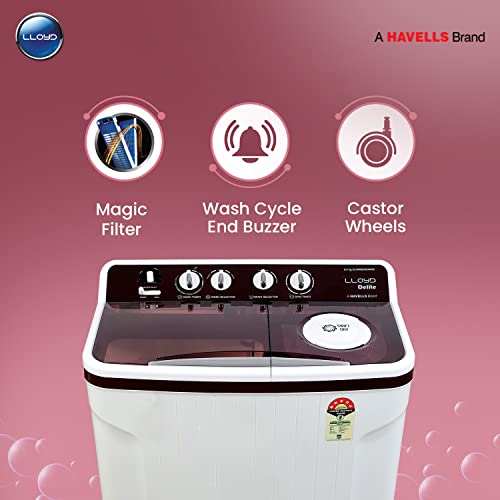Image of Lloyd 8 kg 5 Star Semi Automatic Top Load Washing Machine |1300 RPM | Soak Function | 3 Wash Programs | Swift Dry | Magic Filter (GLWMS80IDMDE, Maroon and White)