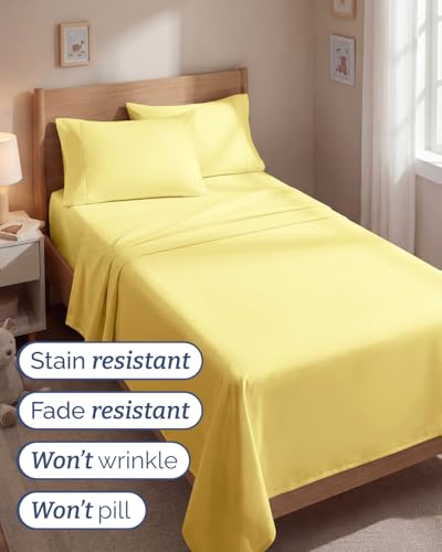 Image of Twin 4 Piece Bed Sheet Set - Comfy, Breathable & Cooling Sheets - Yellow | Ultra Soft Hotel Luxury Bedding Set with 8-16 Inch Deep Pockets, 1 Flat & 1 Fitted Sheet & 2 Pillowcases, Wrinkle & Fade Free