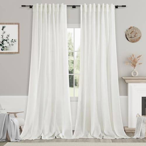 Image of Semi Sheer Linen Curtains 90 Inches Long for Living Room 2 Panels Set Back Tab Pocket Ivory White Tall Vertical Curtains Luxury Light Filter Privacy Curtain Drapes for Bedroom Aesthetic 52X90