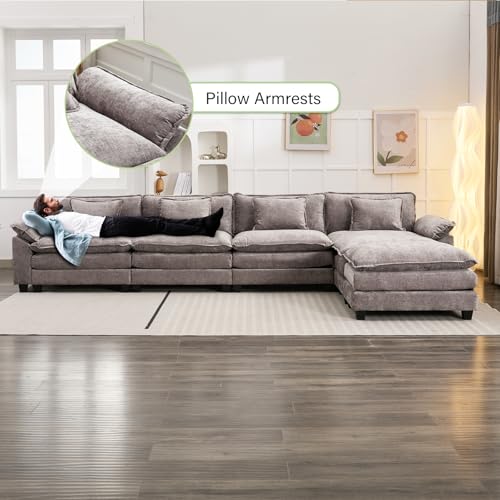 Image of Oprisen 154 inch Modular Sectional Sofa, Comfy Cloud Couch Sectional Sofa with Ottoman, Chenille Sofa Sleeper Deep Seat Sofa with Throw Pillows for Living Room (Light Gray, 154 inch- U Shape)