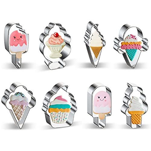 CheeseandU 8Pcs Ice Cream Cookie Cutter Set Sweet Icecream Stainless Steel Cutters for Making Ice Cream Cone, Popsicle, Soft Serve Ice Cream, Ice Cream Sundae Summer Party