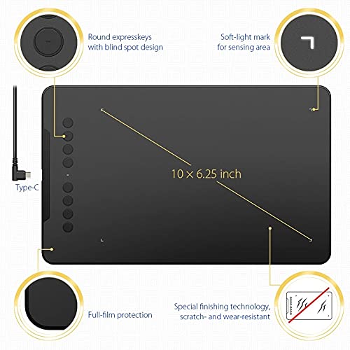 Tableta gráfica digital para dibujo, 8192 niveles de sensibilidad a la presión, soporte de inclinación de 60°, área activa de 10 x 6,25 pulgadas, compatible con Windows, macOS y dispositivos Android miniatura 2