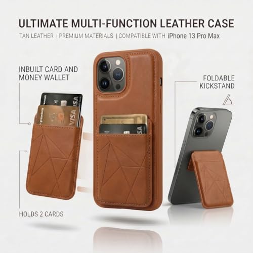 Image of amazon basics Premium Vegan Leather Back Cover with Card Holder and Integrated Mobile Stand for iPhone 13 Pro Max - Slim Shockproof Wallet Case with Geometric Stitching [Tan]