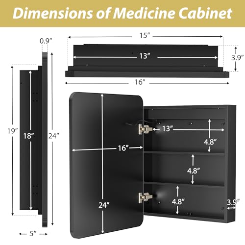 Aprilsoul 193D00527A-16X24-JX Inch Black Bathroom Medicine Cabinet With Mirror, Recessed Or Surface Lighted Medicine Cabinet thumb #6