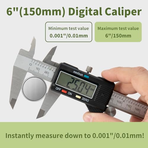 Digital Caliper 0-6" 150mm Measuring Tool with Metal Ruler, Micrometer Caliper with Auto-Off Feature, Interchangeable Between inches and millimeters for DIY/Household and 3D Printing, Black