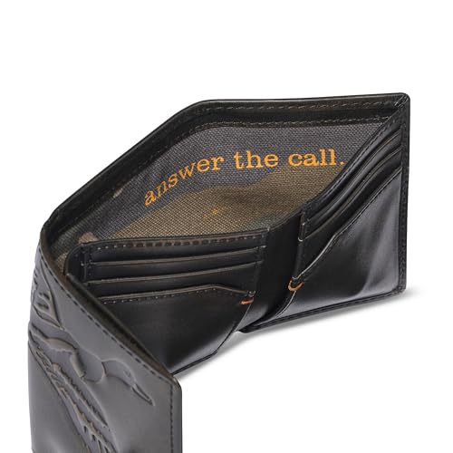 Image of House of Jack Co. Duck Men's Trifold Wallet, Full Grain Leather Hunting Wallet with ID Window, 8 Card Slots, Camo Lining, Embossed Duck, Duck Hunter Gift, Black