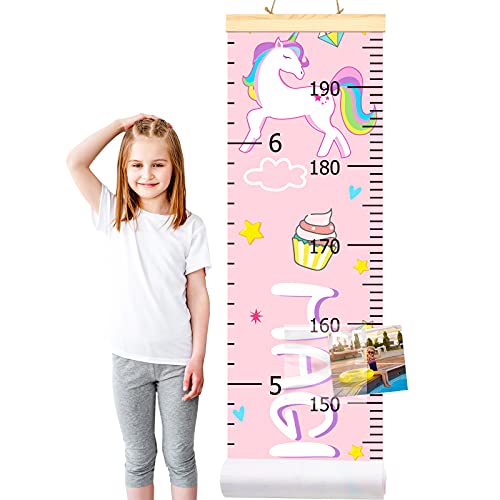 Baby Growth Chart with Photo Pockets, Unicorn Dinosaur Kids Hanging Height Measurement Ruler, Nursery Bedroom Decoration for Toddlers Girls Boys (Pink Unicorn)