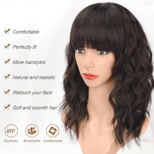 Image of AISI HAIR Natural Brown Synthetic Curly Wavy Bob Wig with Bangs for Women, 21-23 Inches