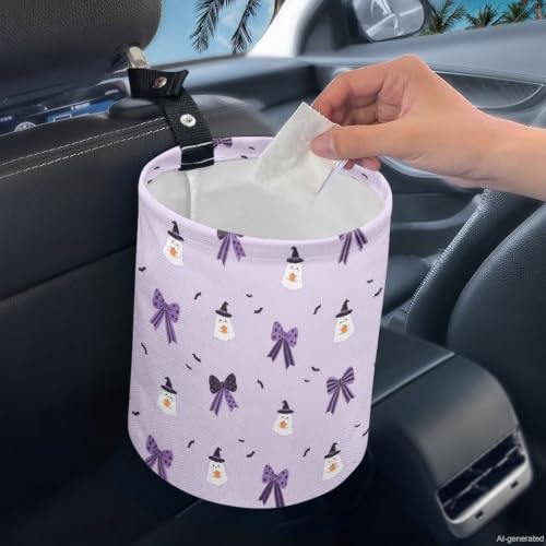Image of Halloween Cute Ghost Bow Print Car Trash Can,Waterproof Garbage Bin, Universal Hanging Cars Garbage Can Cars Interior Accessories Most Vehicle SUV Truck
