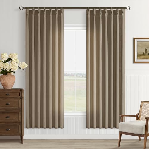 Image of Dark Brown Semi Sheer Pinch Pleated Linen Curtains 40x72 Inch Drapes