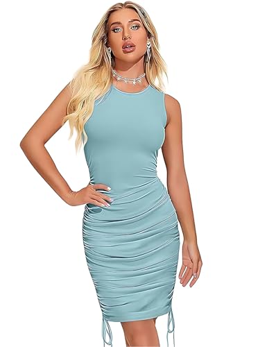 Image of LONDON BELLY Women's Solid Pattern Polyester Blend Bodycon Mini Dress with Drawstring Fitted Closure Type Round Neck and Sleeveless Thigh Length | One Piece Dresses for Women