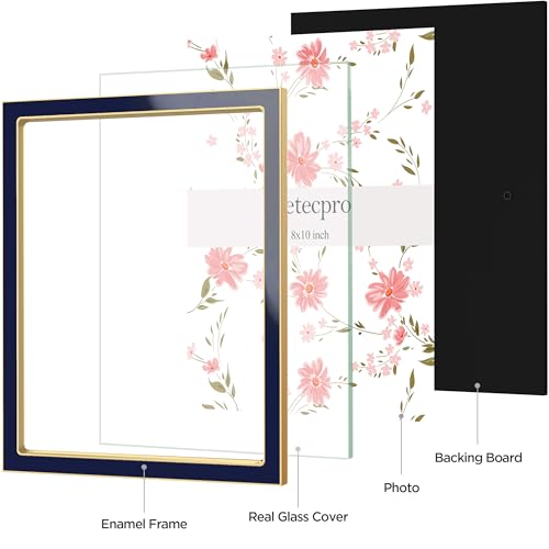 Image of eletecpro 8x10 Enamel Picture Frame with Real Glass Cover, Cute Photo Frame with Gold Metal Edge, Horizontal and Vertical Display Pictures 8 by 10 for Tabletop and Wall Decor, Navy, 1 Pack