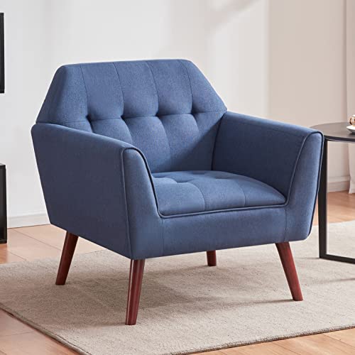 Kingfun Accent Chairs For Bedroom, Midcentury Modern Accent Arm Chair For Living Room, Linen Fabric Comfy Reading Tufted Comfortable Upholstered Single Sofa, Blue #TOP1