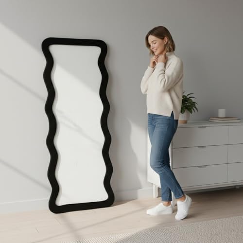 Image of Creative Arts n Frames 22 x 52 inch Full Length Dressing Chevel Long MDF Wood Zigzag Curvy Irregular Shape Framed HD Mirror Home Decor Items (Classic Black Zigzag2 Full Length Mirror)
