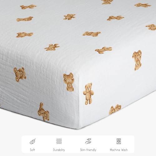 Image of Meracorallo Muslin Pack and Play Fitted Sheet, 100% Cotton, Bear
