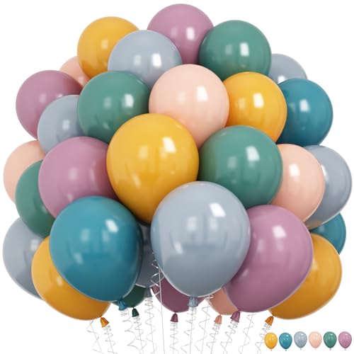 Image of Boho Rainbow Balloons, Retro Dusty Slate Blue Blush Pink Sage Green Yellow Nude Latex Balloon Muted Assorted Colorful Balloons for Kids Summer Flower Safari Baby Shower Birthday Party Decorations