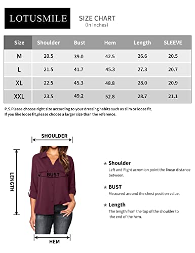 Lotusmile Womens Blouses 3/4 Sleeve, Women's Chiffon Collared Dress Shirts Cuffed Roll Up Sleeve Button Down Blouse Curved Hem Lightweight Silky Drape Top Button Front Shirts For Women Work #TOP5