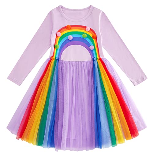 Girls Dress Long Sleeve Girl Rainbow Birthday Tulle Dresses Fall Winter Outfit 3-7 Years