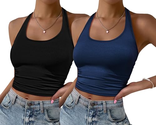 Image of Ekouaer Women Halter Top Backless Scroop Neck Slim Stretchy Ribbed Knit Camisole Crop Tops S-XXL