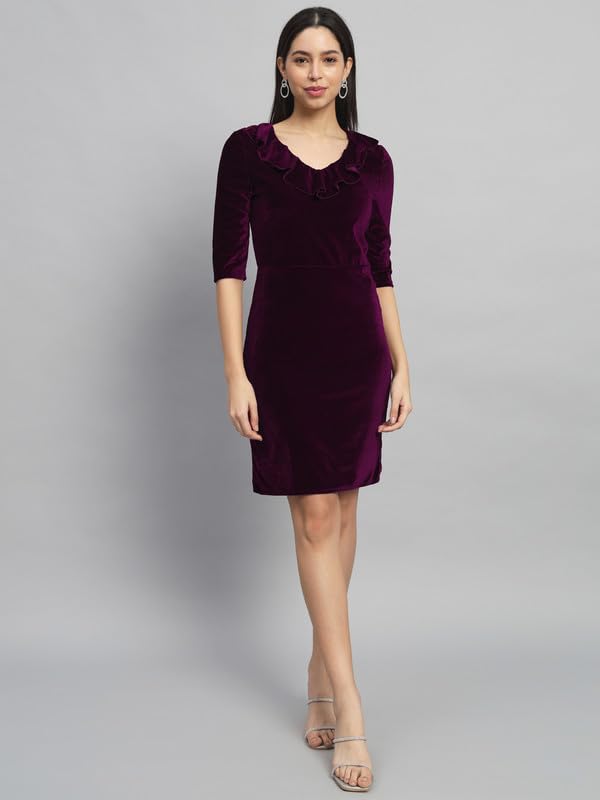 Image of V-Neck Party Dress for Women Bodycon | Shiny Velvet Half Sleeves Above Knee Length Outfit