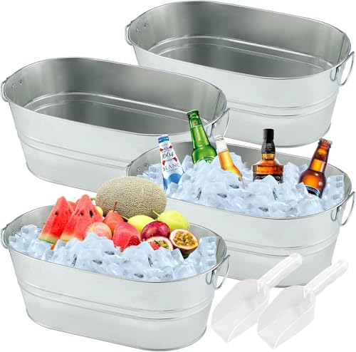 4 Stück Getränkewanne Getränkekühler mit Henkel Rund Zinkwanne mit Schaufeln Champagnerschale Sektkühler, Flaschenkühler, Kühlwanne, Eiskübel, Eiseimer für Garten-Party