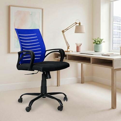 Image of Amazon Brand - Solimo Worklo Mid Back Office Chair for Work from Home | Study | Revolving | Computer (Heavy Duty Powder Coated Metal Base, Stylish Blue Mesh)