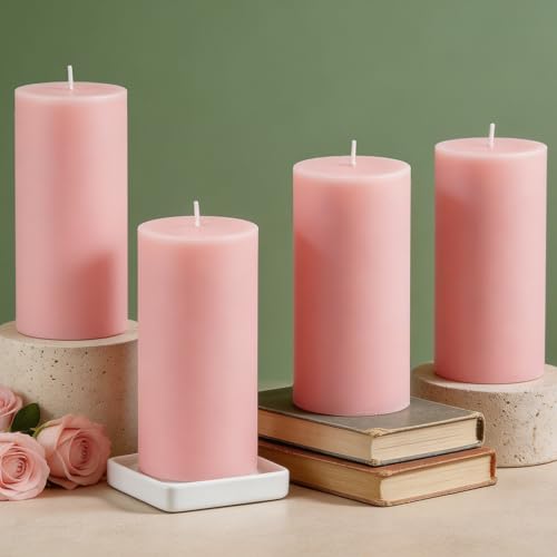 Lot de 4 bougies cylindriques Ugbem en cire de soja 5x10 cm, parfum Rose, non toxiques avec mèche en coton, décoration maison et église
