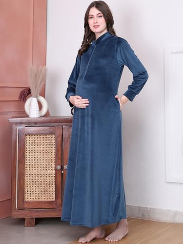 Image of Secret Wish Solid Velvet Maternity Nighty Full Length